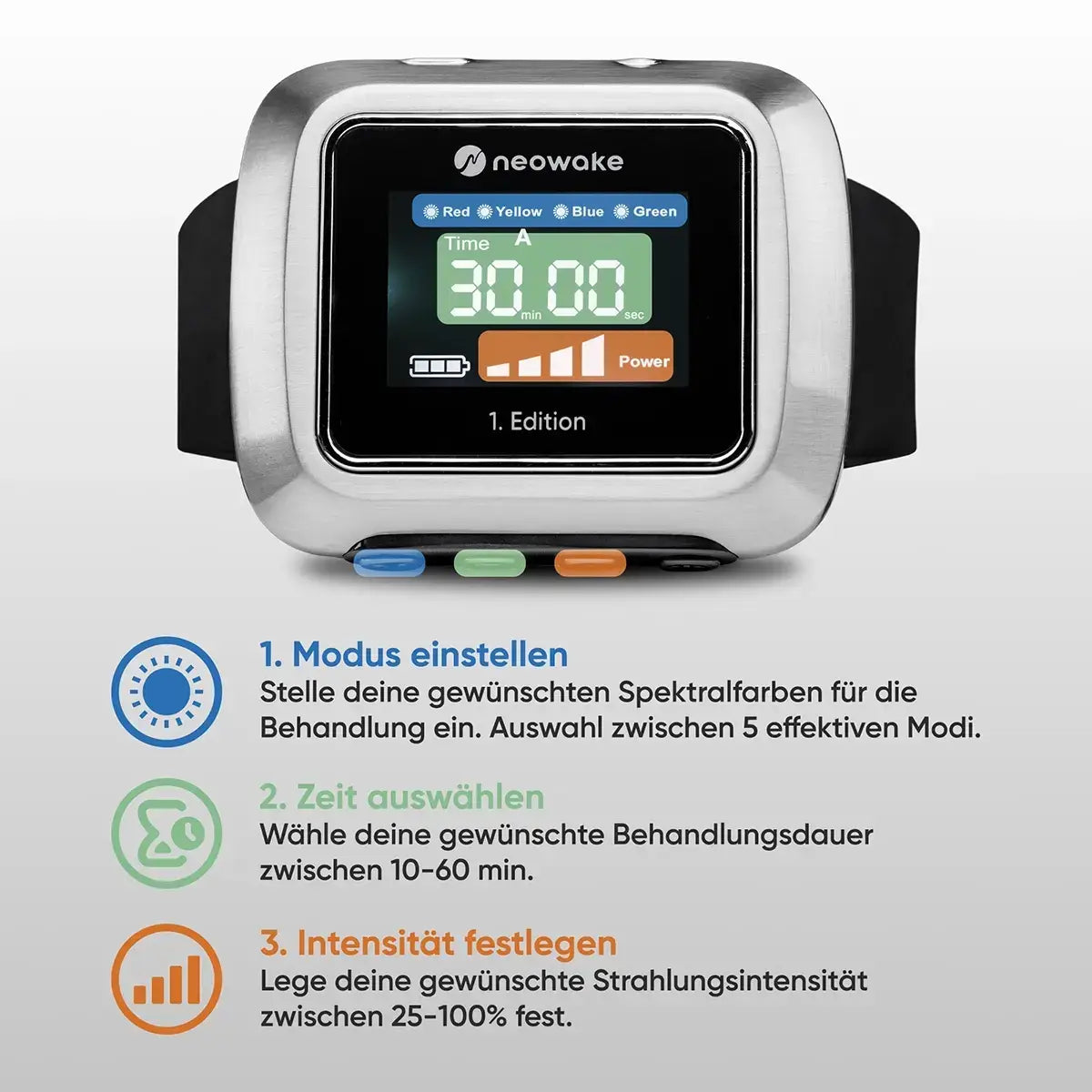 Anwendung der neowake Chroma Watch in drei Schritten: Modus, Dauer und Intensität einstellen