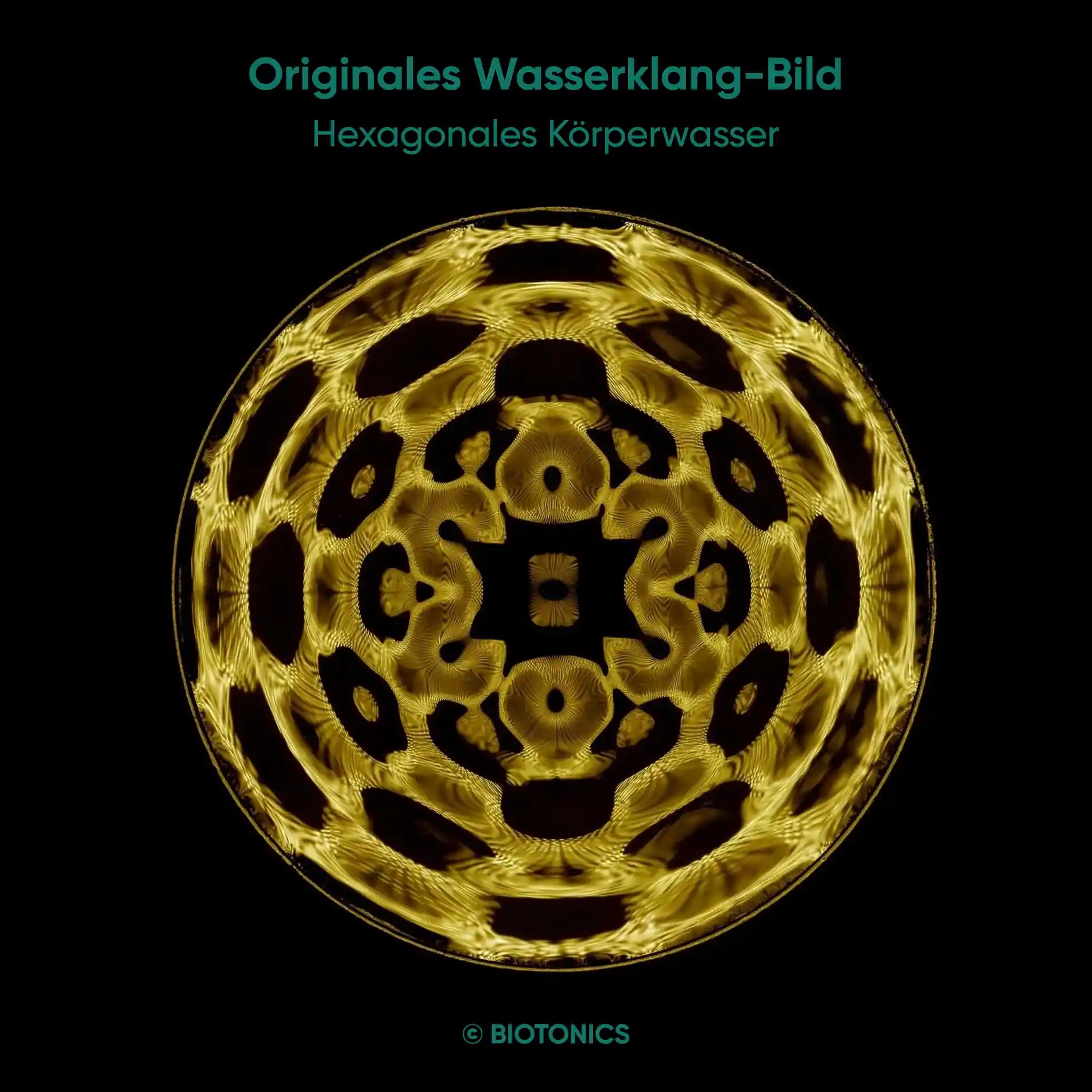 Wasserklang-Bild von hexagonalem Wasser in Gelb