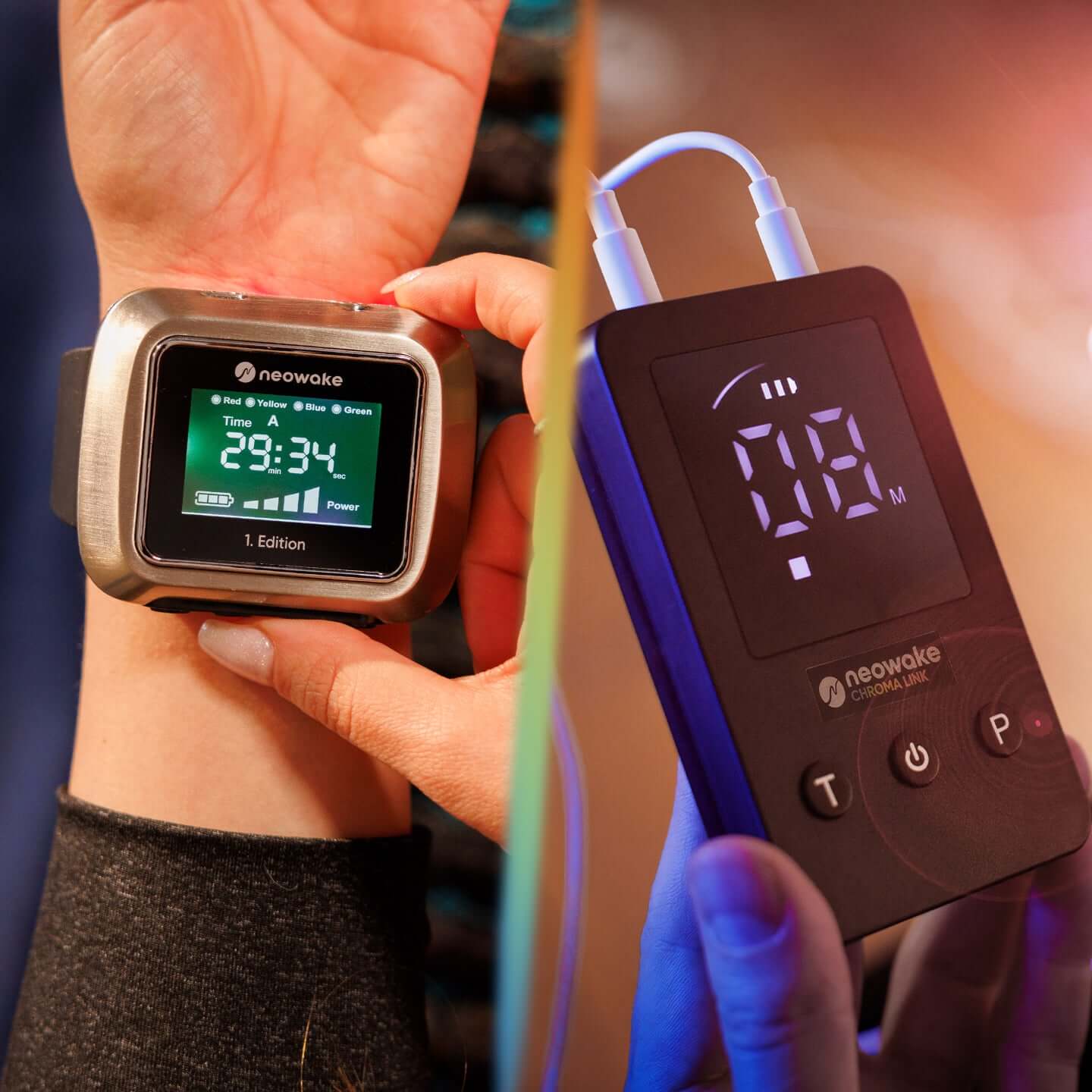 Links die Chroma Watch am Handgelenk und rechts der Chroma Link in der Hand