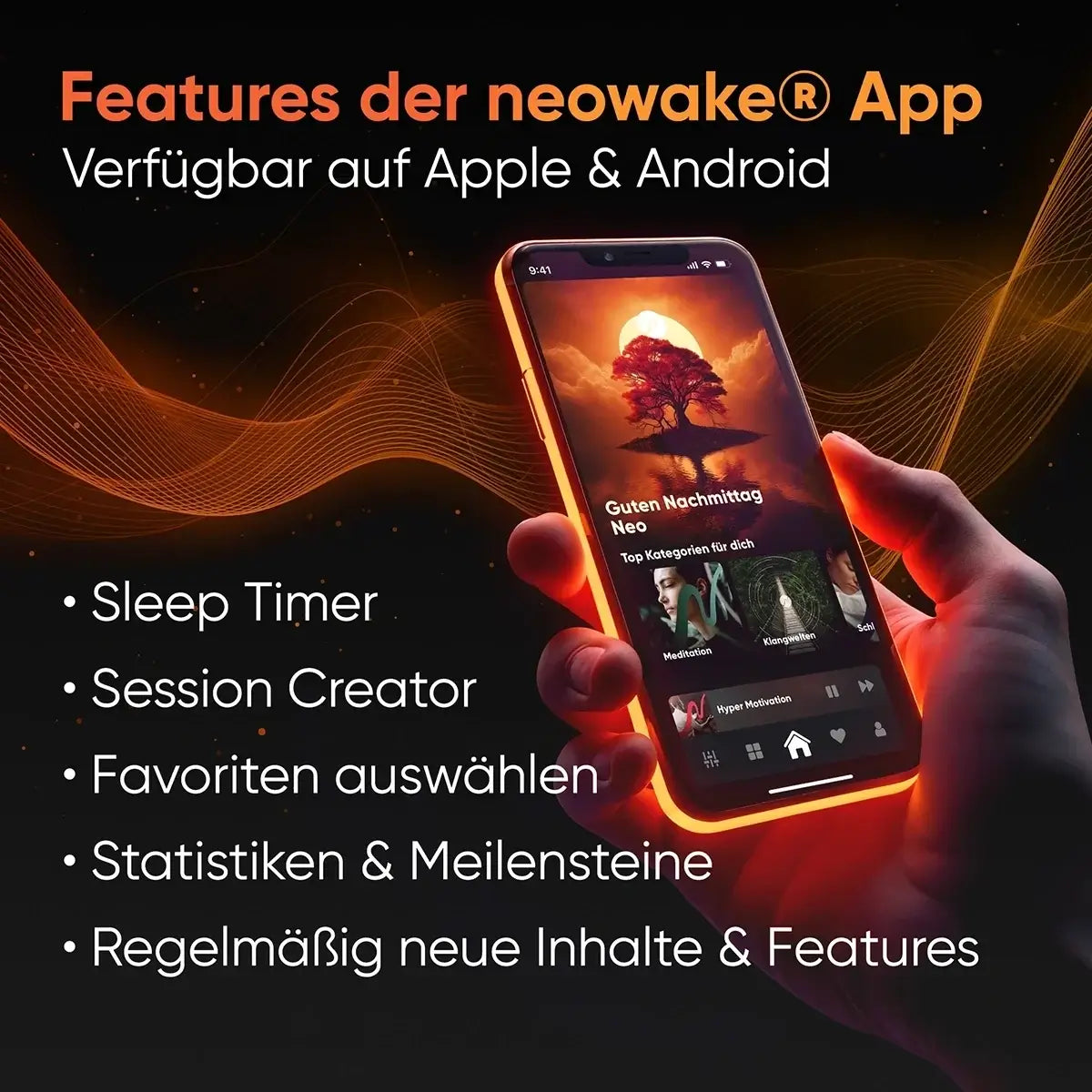Features der neowake App mit Sleep Timer, Session Creator, Favoriten und Statistiken