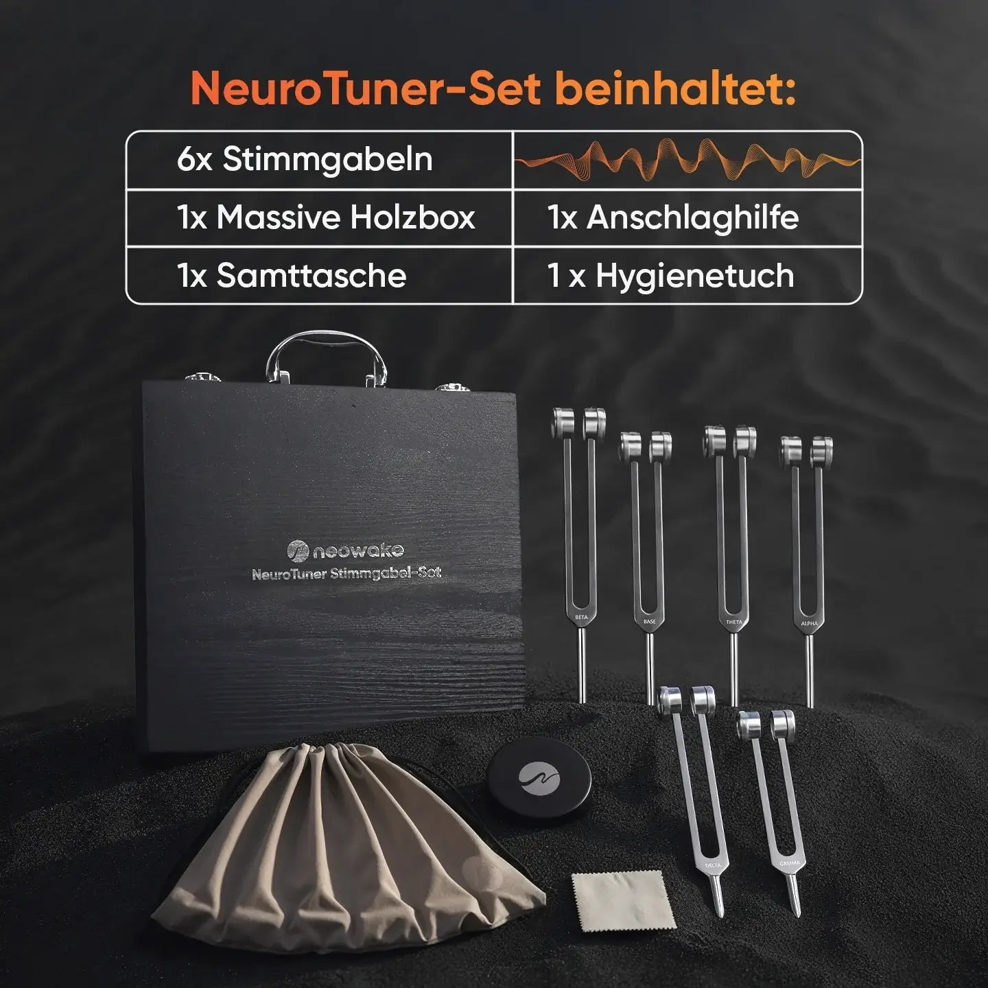 Lieferumfang des neowake NeuroTuner Sets mit 6 Stimmgabeln, Holzbox, Samttasche und Anschlaghilfe