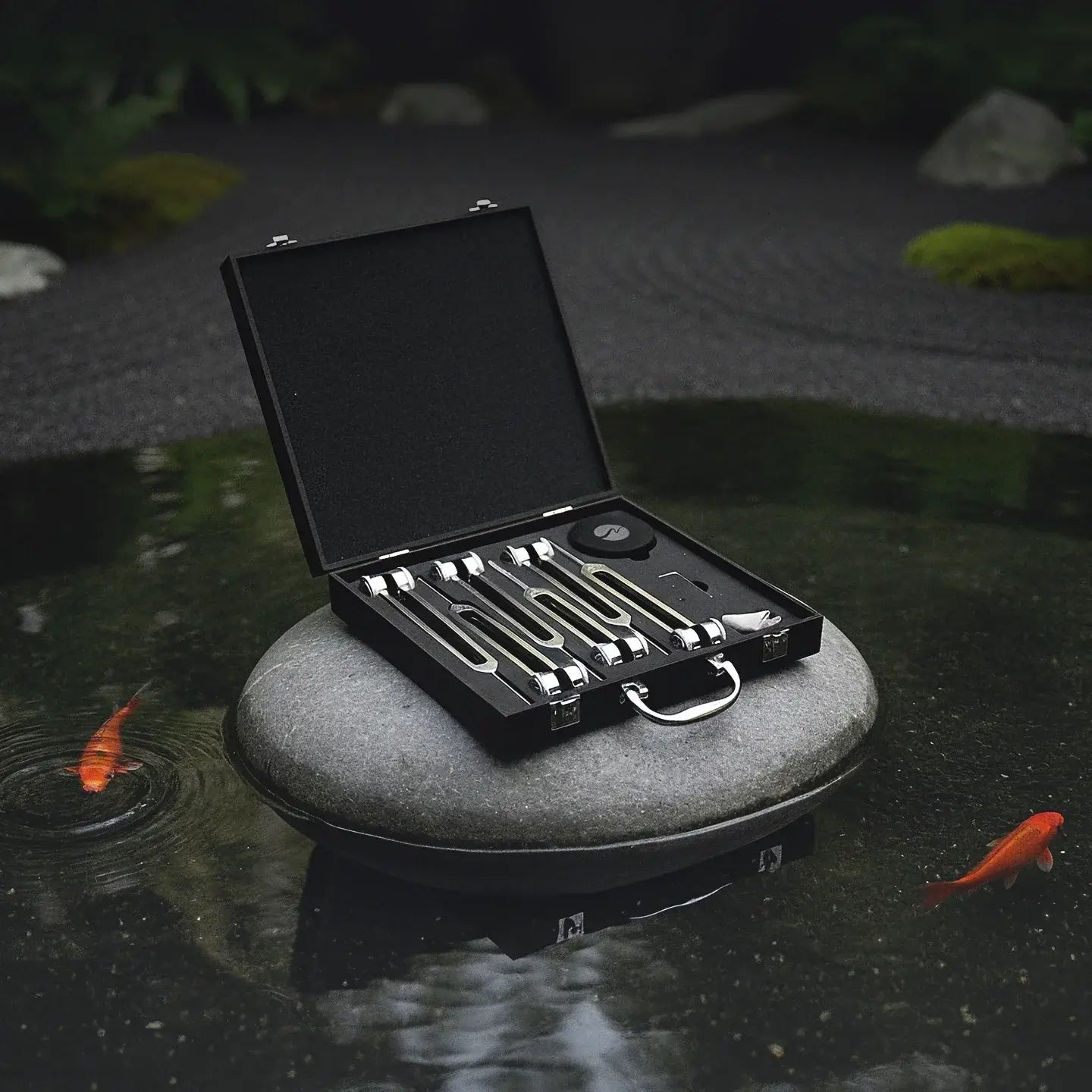 Geöffnete Holzbox des neowake NeuroTuner Sets mit sechs Stimmgabeln