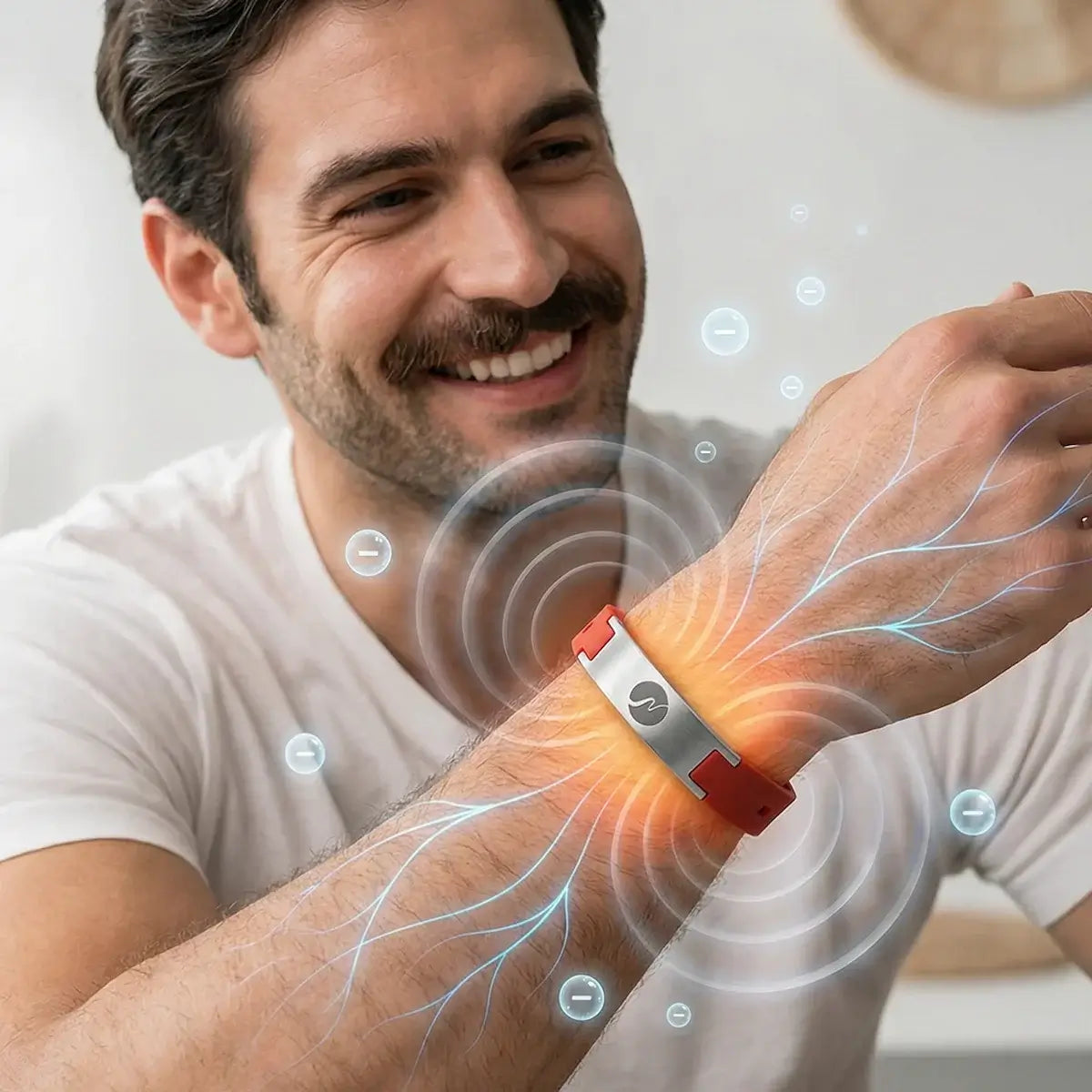 neowake Energy Bracelet am Handgelenk mit grafischer Darstellung der Magnetfelder