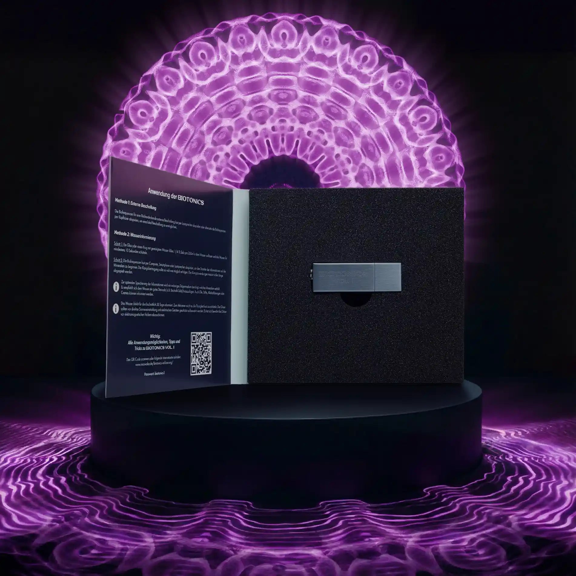 Geöffnete BIOTONICS Volume 1 Box mit Einleger und QR-Code