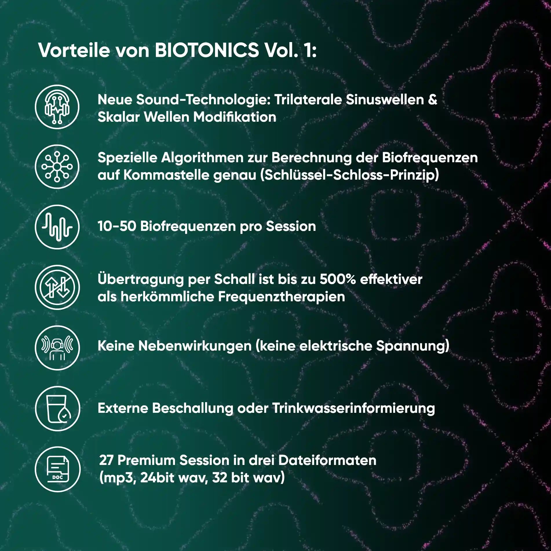 Merkmale von BIOTONICS Volume 1 mit trilateralen Sinuswellen und 27 Premium Sessions