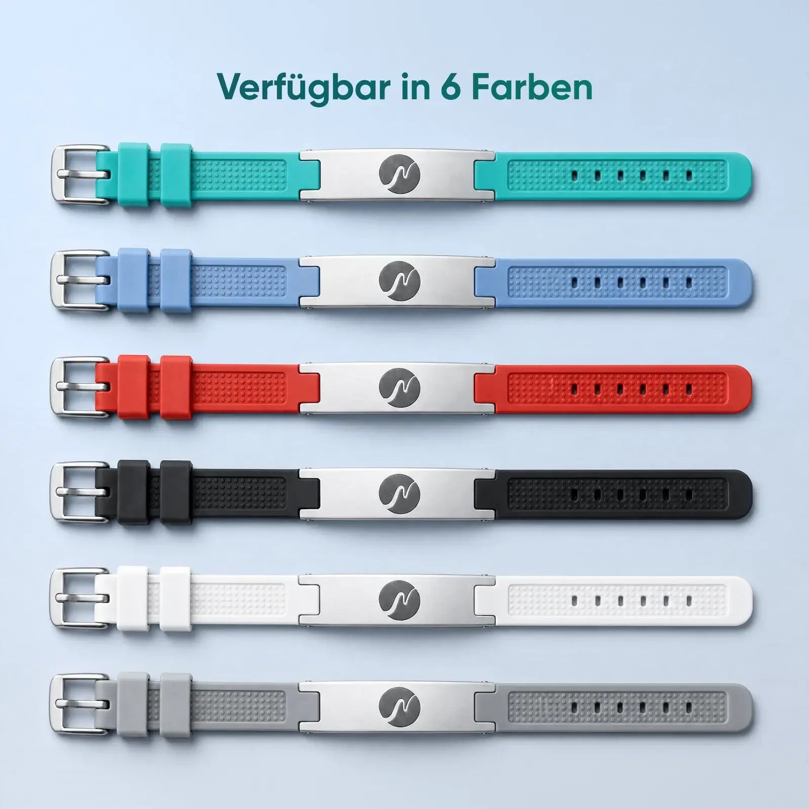 neowake Energy Bracelet in sechs Farben: Türkis, Blau, Rot, Schwarz, Weiß und Grau