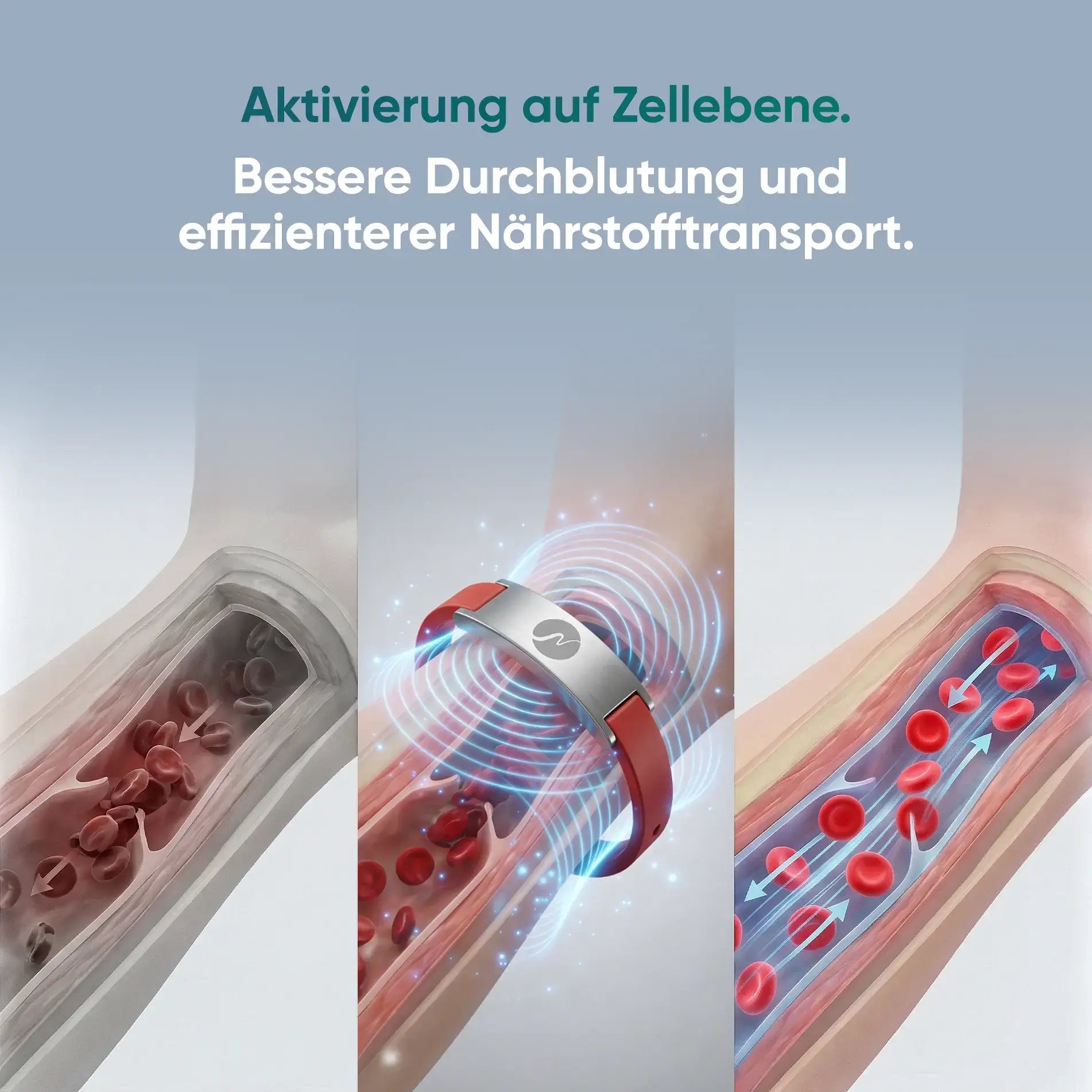 Grafische Darstellung des neowake Energy Bracelet am Blutgefäß