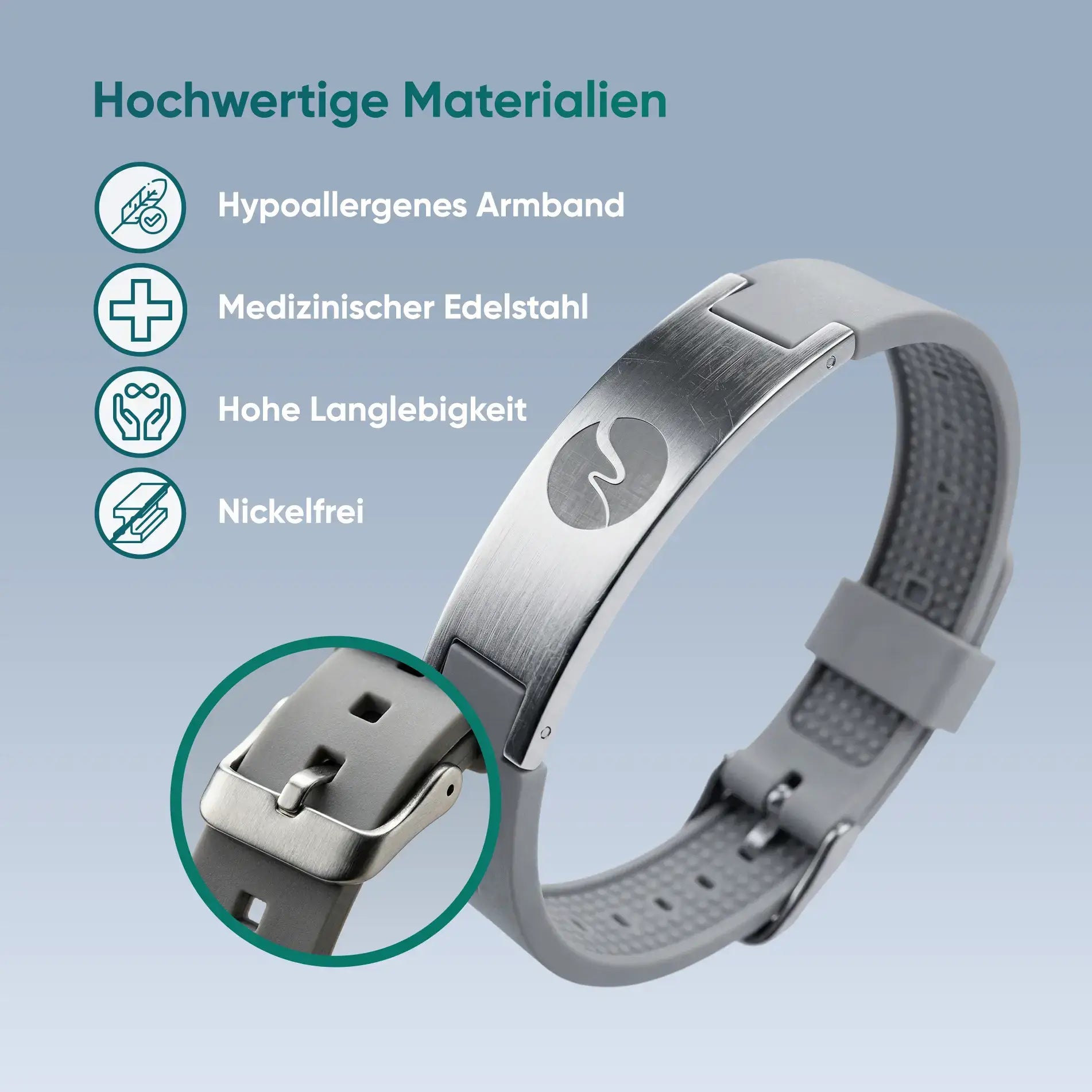 Materialien des neowake Energy Bracelet: hypoallergenes Armband, Edelstahl und nickelfrei