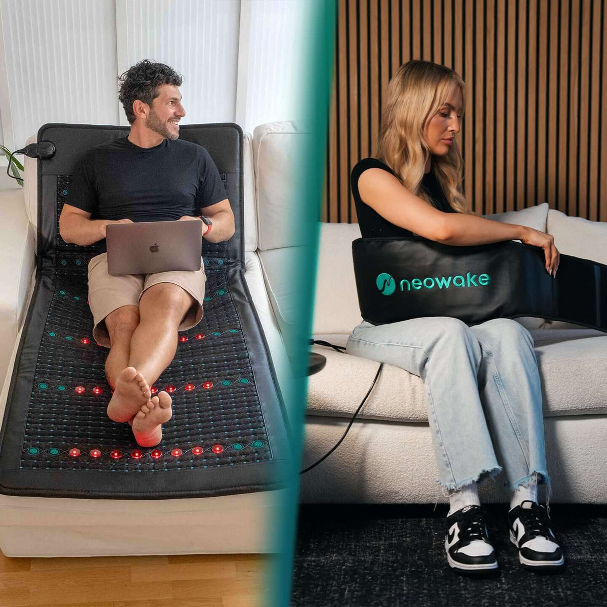 Links ein Mann mit der Frequenzmatte auf dem Sofa. Rechts eine Frau mit dem Frequenzgürtel auf einem Sofa