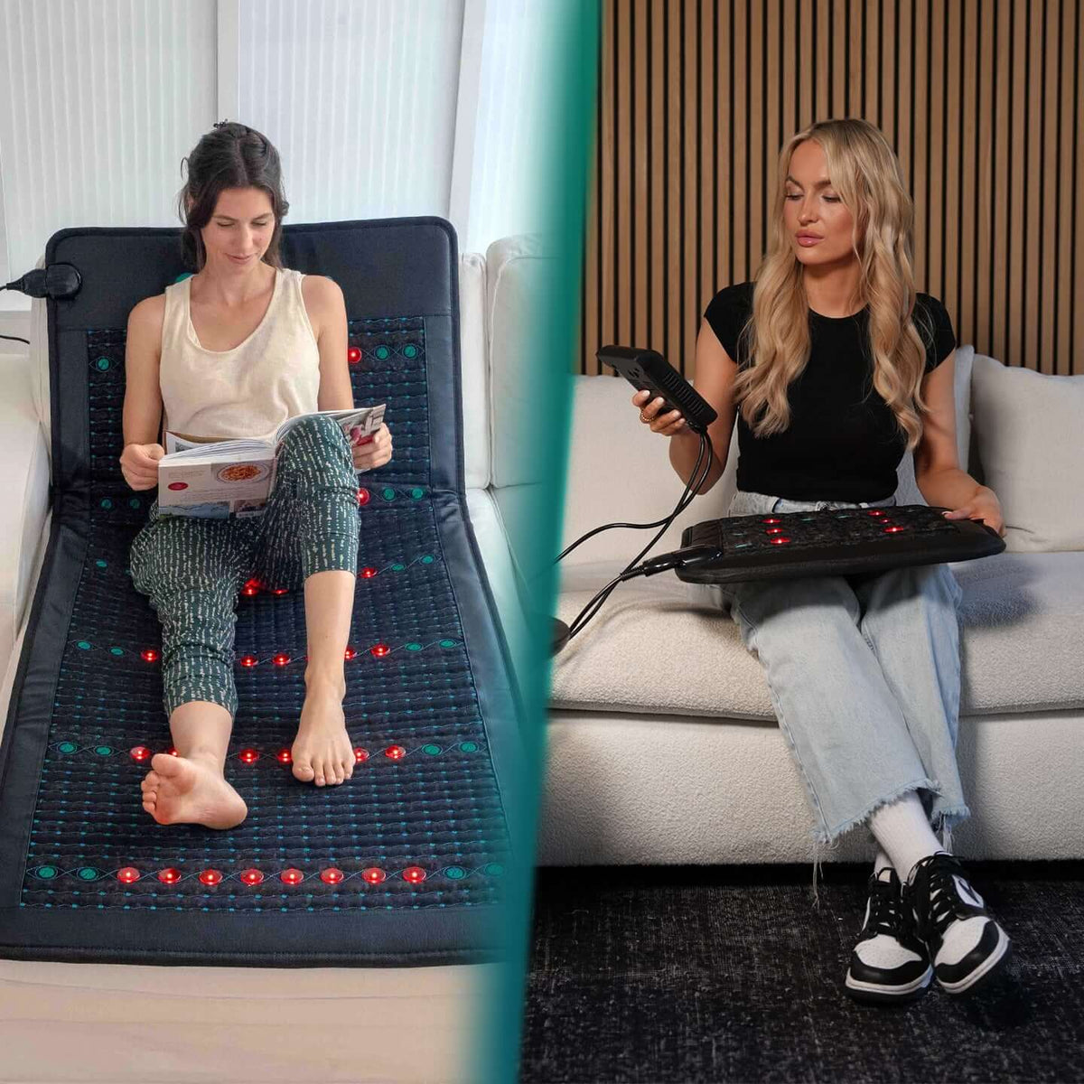 Links eine Frau mit der Frequenzmatte auf dem Sofa und rechts eine Frau mit der Frequenzmatte mini auf dem Sofa