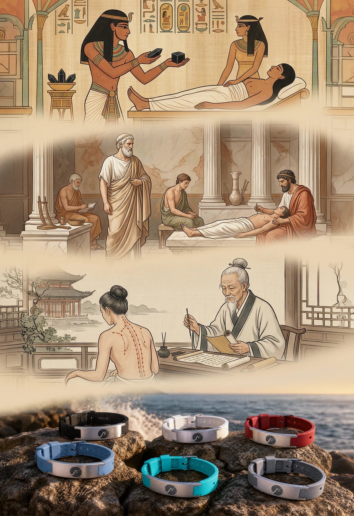 Vier Illustrationen zur Geschichte der Magnetanwendung: Altes Ägypten, antikes Griechenland, traditionelle chinesische Medizin und die neowake Energy Bracelets in sechs Farben