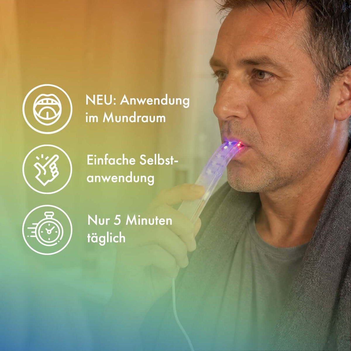 Mann nutzt Chroma Mund Applikator mit Vorteilen angezeigt