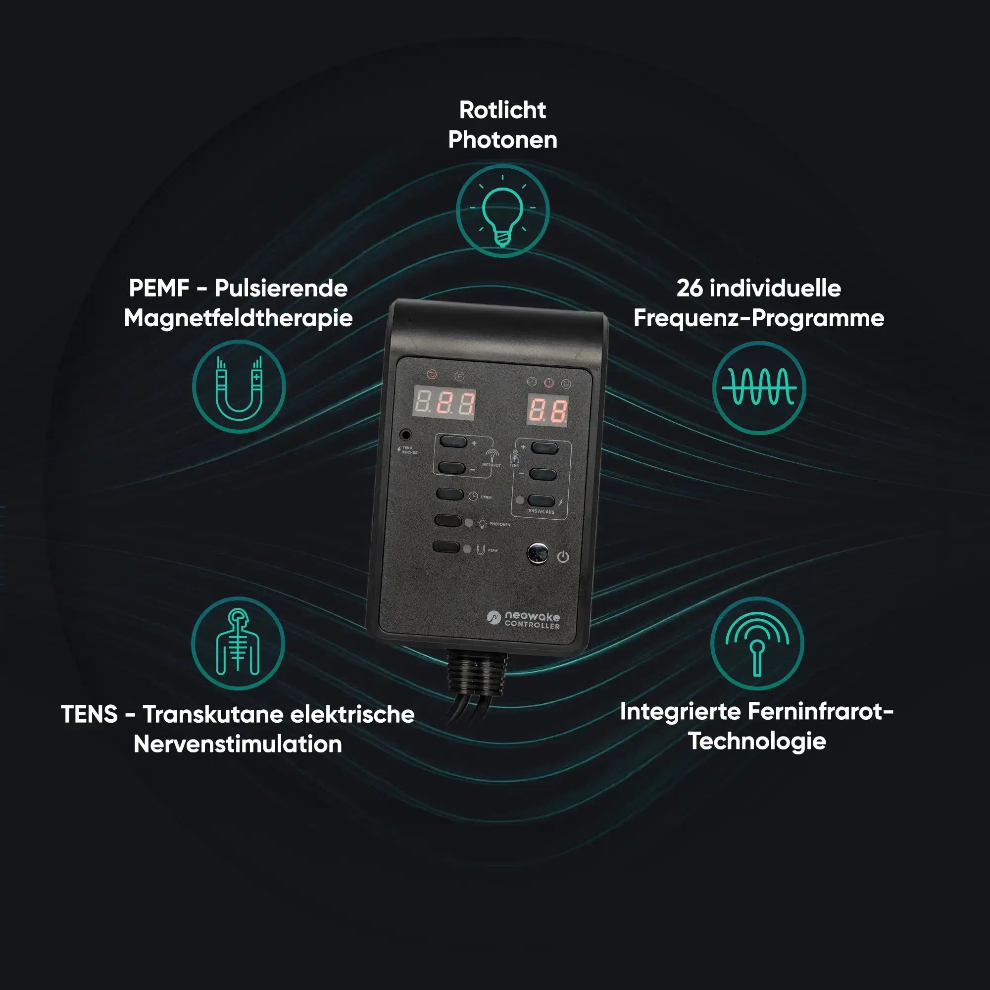 neowake Controller Pro steuert PEMF, Rotlicht, TENS, Ferninfrarot und 26 Frequenzprogramme