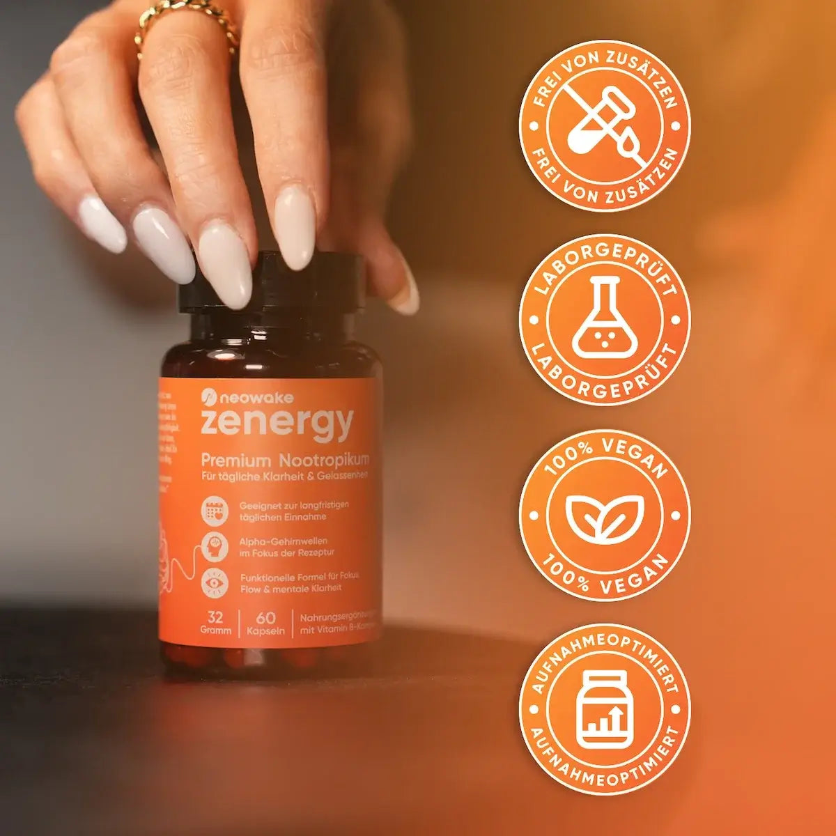 neowake zenergy ist laborgeprüft, vegan und frei von unnötigen Zusätzen