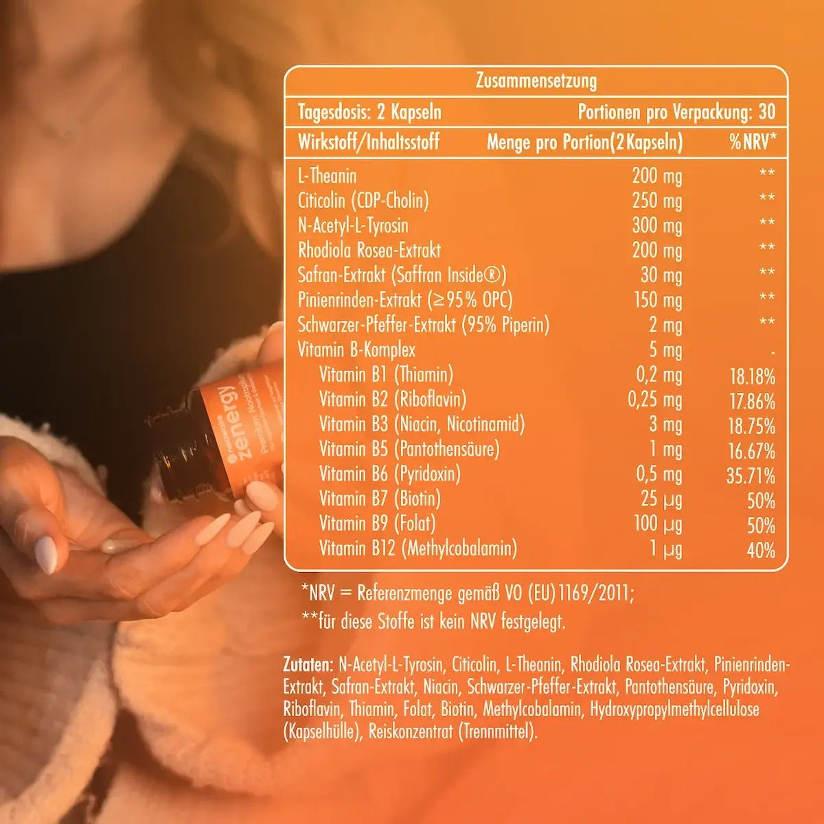 Zusammensetzung und Nährwertangaben von neowake zenergy auf der Rückseite der Flasche