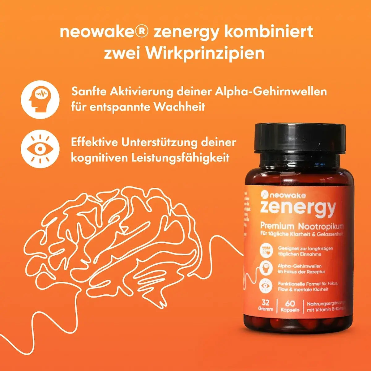 neowake zenergy Rezeptur mit Fokus auf Alpha-Gehirnwellen und mentale Klarheit